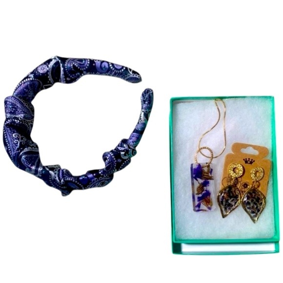 Hand Crafted Jewelry - Lavender Bundle with Paisley Handmade Headband Resin Jewelry Necklace Earrings